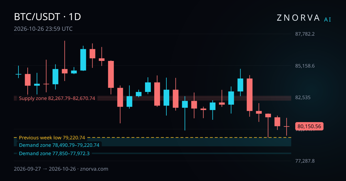 BTC/USDT daily chart with Znorva levels and zones